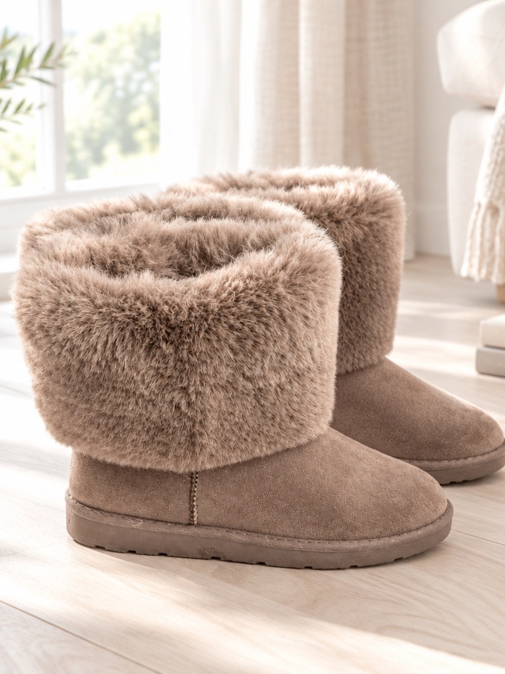 BAMBOO “Cozette”Women’s Sz 9 Taupe Faux-soft Fur Suede low calf Boots